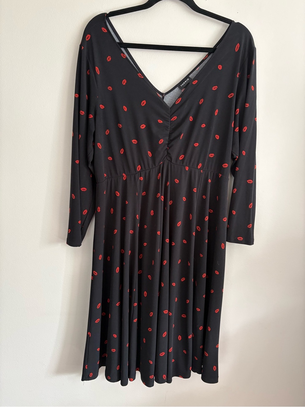Black V-Neck Dress with Red Lip Print
